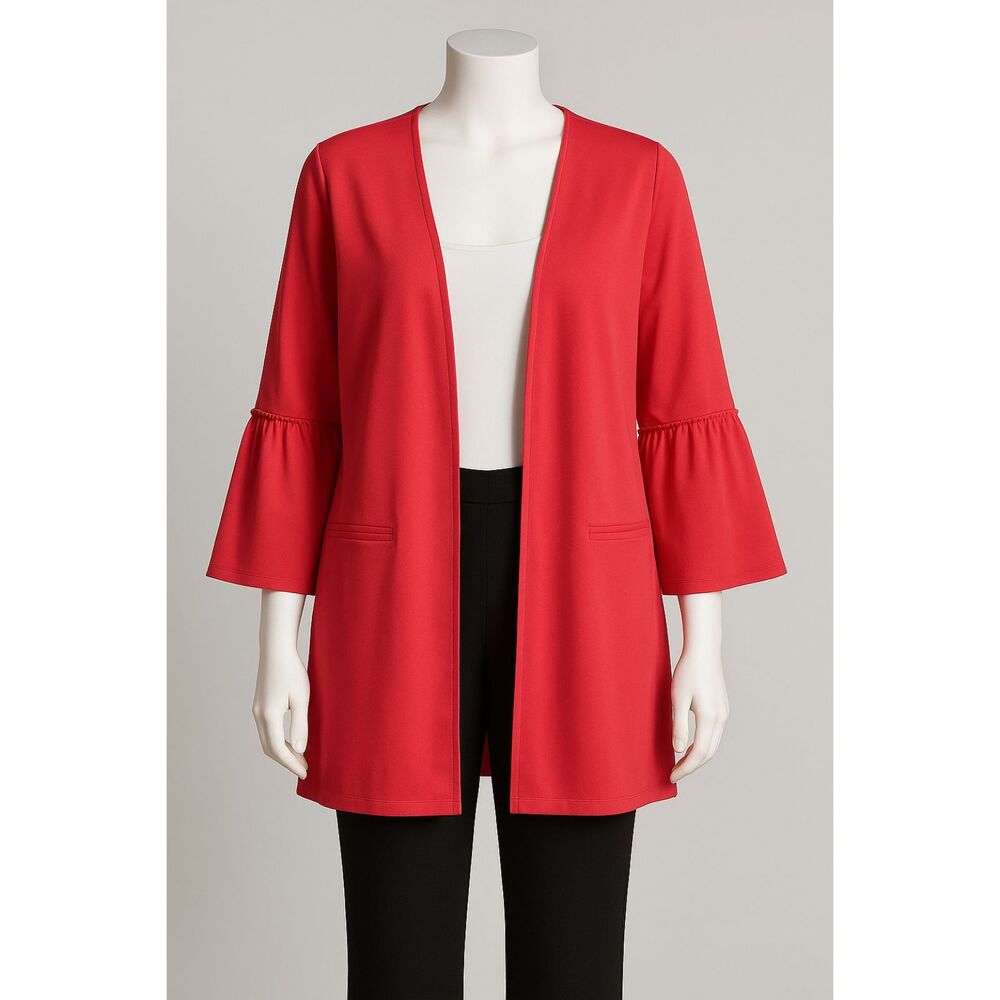 Soho Apparel  Large Open-Front Light Red Jacket with Ruffle Sleeves & Pockets